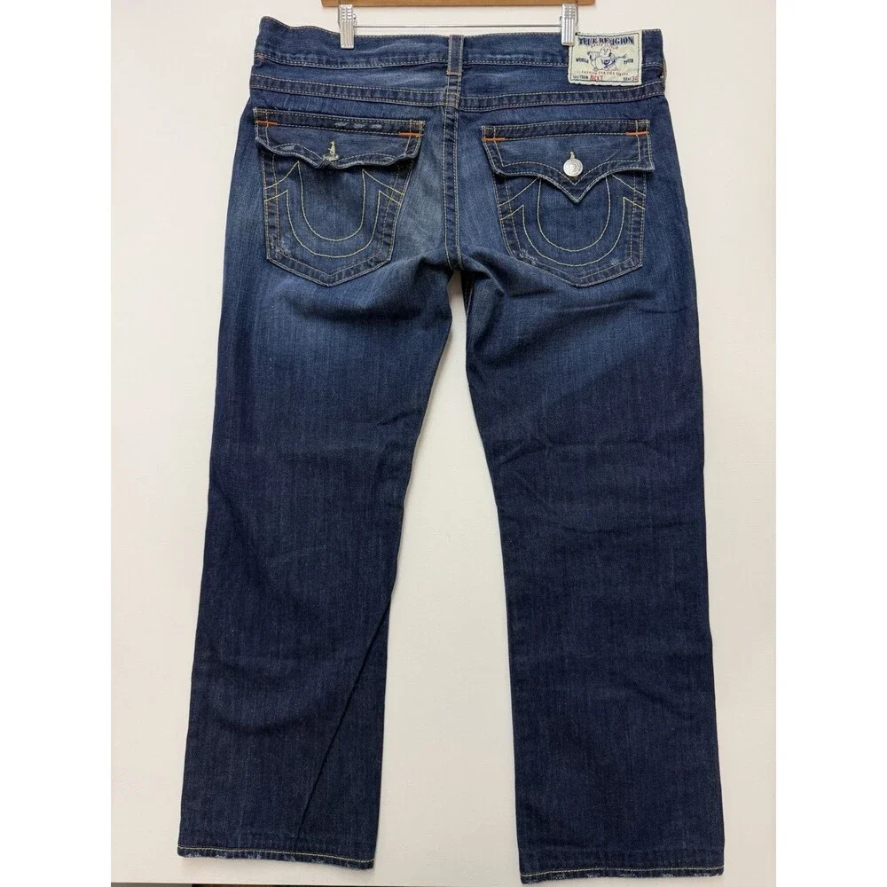 True Religion Ricky Jeans Mens 34x32 Blue Relaxed Straight Zip Fly Stretch Flap